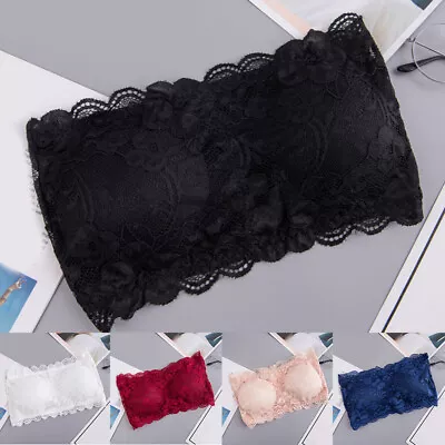 Women Floral Lace Bandeau Tube Bra Cami Top Strapless Padded Lingerie Underwear • £3.95