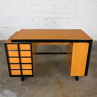 Vintage MCM Art Deco Maple Colored Desk Black Accents American Of Martinsville • $3495