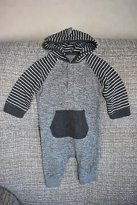 George Baby Boy Grey Hooded Romper Suit - Age 3-6 Months • £3