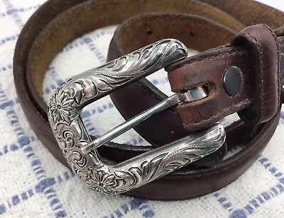 Ladies Vogt Sterling Silver Buckle On Justin Distressed Sz 32 Cowhide Belt • $175