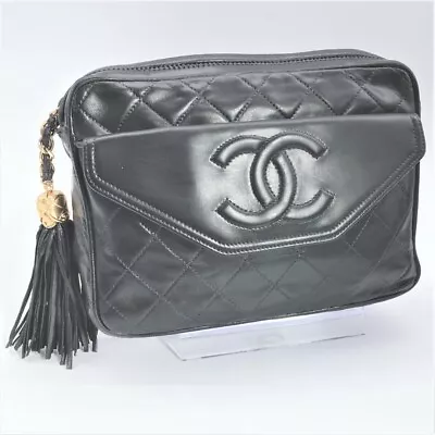 CHANEL Matrasse COCO CC MARK Leather Hand Clutch Bag Women Black Genuine USED • $1743.89