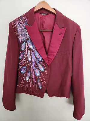 After Six Vintage Tuxedo Jacket Mens Burgundy Satin Lapels Painted Peacock (XL) • $75