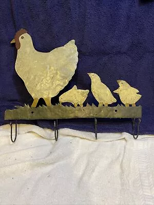 Vintage Farmhouse Folk Art Chickens Metal Wall Decor With 4 Hooks Kitschy Signed • $25.99