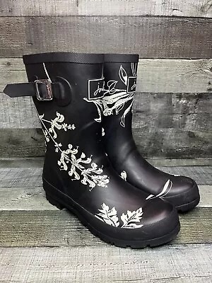 Joules Molly Welly Womens Floral Buckle Black White Rain Boots Size 7 • $25