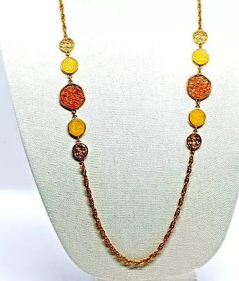 Sarah Coventry Necklace Gold Tone Textured Amber Lucite Filgere Discs 36 In • $15