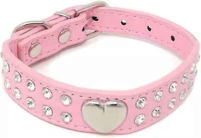 Cute XS 2 Rows Rhinestone Bling Heart Studded Leather Dog Collar For Puppy Pet ( • $15.36