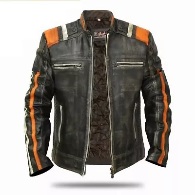 Men’s Retro 3 Cafe Racer Biker Vintage Motorcycle Distressed Real Leather Jacket • $119