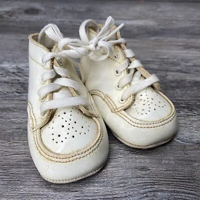 VINTAGE BABY SHOES Infant Leather Soft SHOES White Leather Size 1 • $8.50