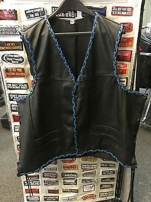 Men's Black Leather Vest With Blue & Black Braiding Size 56 Chest • $150