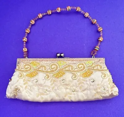 Vintage Chateau Satin Beaded And Embroidered Floral Handbag Evening Bag SALE! • $19.99