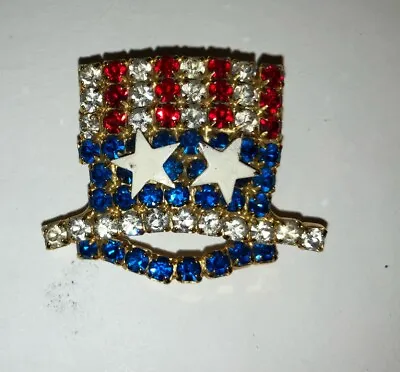 Vtg Patriotic Uncle Sam Top Hat Red White & Blue Rhinestone Pin Beautiful Rare • $15.99