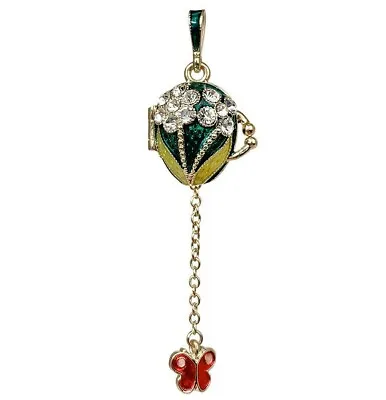 BUTTERFLY Faberge Egg Style Locket Pendant Green Enameled Floral Pattern • $18.66