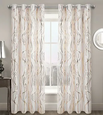 Curtain Net Panel Swirls Voile Foil Print Silver Gold Metallic Ringtop Eyelet  • £10.95