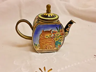 Vintage Trade + Aid Brass Enamelled Miniature Tea Pot Cat With Flowers • $29.04