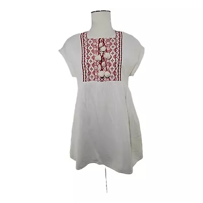 Zara  Womens White Ethnic Embroidered Pom Pom Pullover Tunic Dress Size LG • $14.69