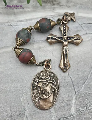 Jesus Crown Of Thorns Bloodstone Large 3 Beads Vintage Bronze Chaplet • $59