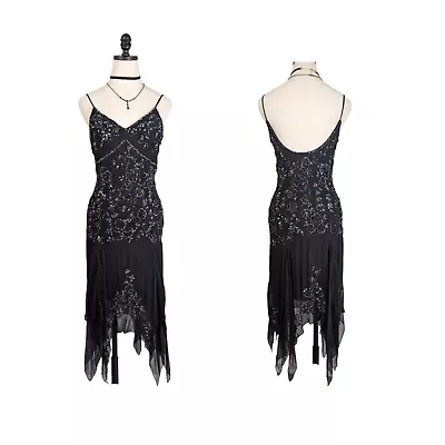 Vintage Silk Midi Dress Evening Gown Y2K Slip Fairy Goth Beaded Black Formal 8 • $174