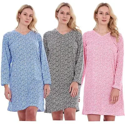 Women Nightdress Leopard Animal Print 100% Cotton Short Long Sleeve Nightwear • £10.95