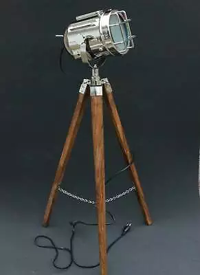 Vintage Nautical Floor Chrome Spotlight Search Light Tripod Lamp Studio Decor • $180