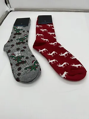 Gmark Holiday Christmas Socks Lot Of 2 Pairs Gray T-Rex And Red Reindeer • $7