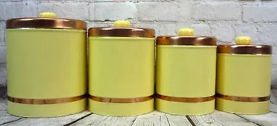 Vintage MCM Yellow 4 Piece Metal Canisters Set With Copper Lids 1960s • $59