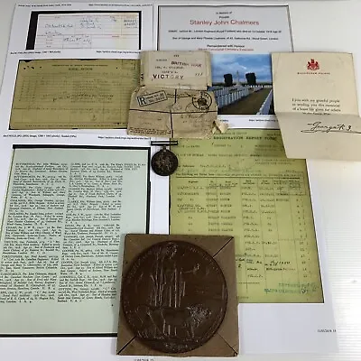 £299 • Buy WW1 Death Plaque War Medal Kia Stanley Chalmers 1st Battalion London 13/10/1918