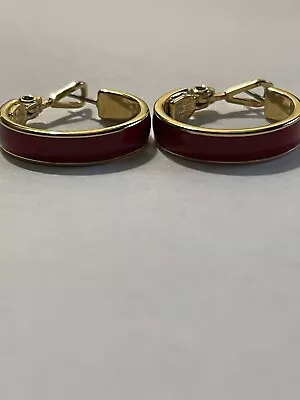 Vintage Signed Monet Red Enamel Gold Plated Stud Hoop Earrings • $19.95