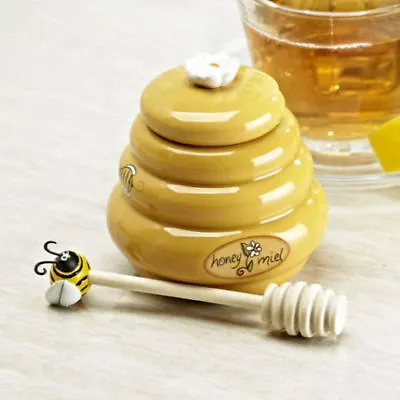 Mini Honey Pot Ceramic Jar & Wood Dipper Joie MSC Beehive With Bee • $12.95