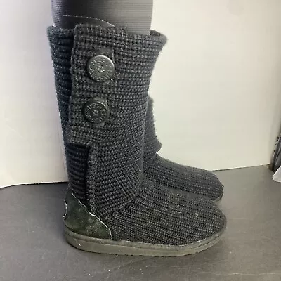UGG Classic Cardy Button Black Knit Winter Snow Boots Women’s Size 6 • $33.99