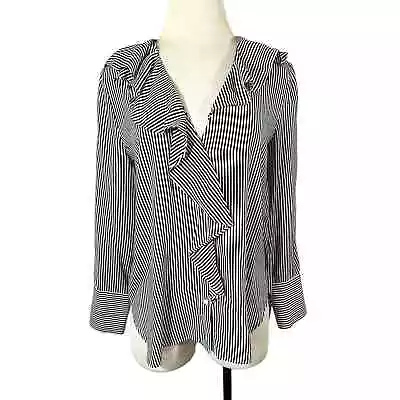 Zara Basic Black White Stripe Long Sleeve Button Up Blouse Ruffles Sz S • $19