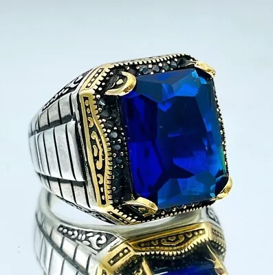 Blue Square Sapphire Gemstone 925k Sterling Silver Jewelry Handmade Men's Ring • $55