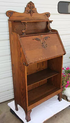 Antique Oak Drop Front Desk W Extra Top Shelf & Applied Leaf Cornucopia Carvings • $745