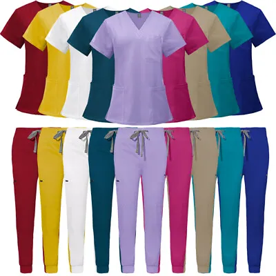 Unisex Stretch Scrub Sets Medical Nurse Uniform V-Neck Short Sleeve Jogger Pant • $34.95