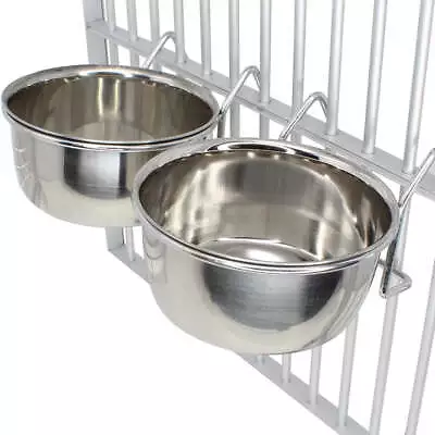 3128 2pk 10oz Stainless Steel Hook Cup Water Food Treat Parrot Macaw Budgie • $17.99