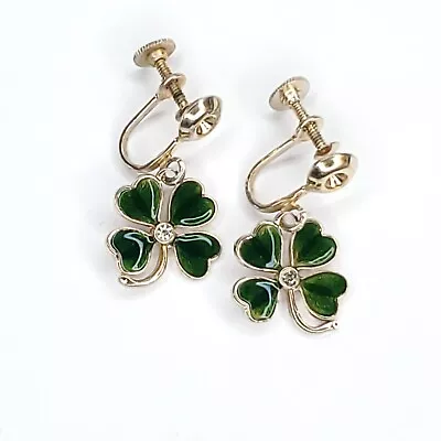Vintage Enamel Four Leaf Clover Dangle Earrings Green Irish Luck St Patricks Day • $16.96