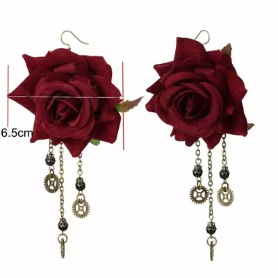 Girl Gothic Earring Drop Dangle Steampunk Ear Hook WIth Floral Gear Pendant • $3.99