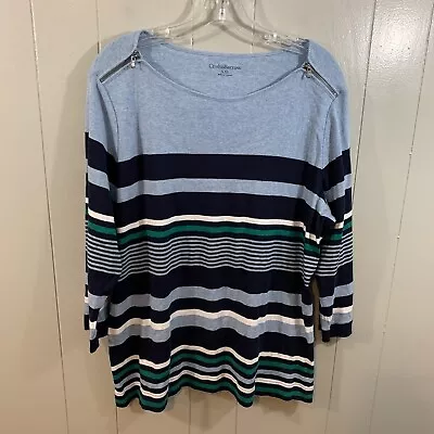 Croft & Barrow Blue 3/4 Sleeve Striped Zip Shoulder Knit Casual T Shirt Top XXL • $18.99