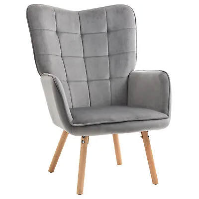 HOMCOM Modern Accent Chair Velvet-Touch Tufted Wingback Armchair Wood Legs Grey • £99.99