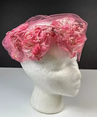 Vintage Ladies Fascinator Skull Cap Hat Pink Velvet Flower Petals Netting 1950's • $21.95