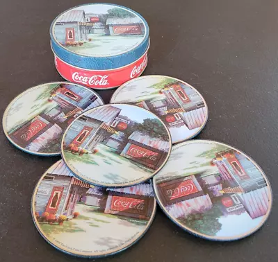 Vtg Set Of 5 Coca-Cola Metal Coaster With Cork Back Set In Tin Container 1999 • $12.58