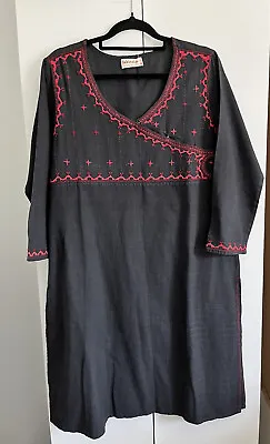 $45 • Buy FABINDIA Black Embroidered Cotton Maxi Kaftan Dress Sz XL