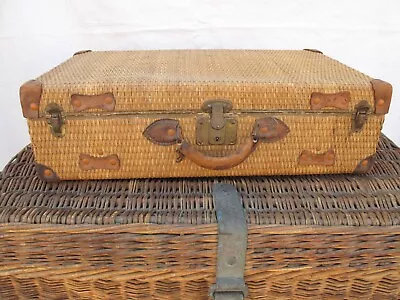 Antique Woven Wicker Suitcase Leather Corners Print Fabric Lined C. 1920 • $145