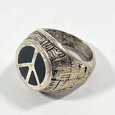 Vtg 1987 Peace Sign Ring G & S Silver Plate With Black Enamel Size 5 Unisex • $38.66
