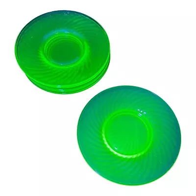 Set Of 6 Uranium Optic Swirl Green Vaseline Depression Glass 6” Saucer Plates • $25