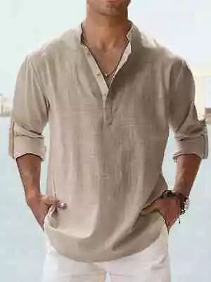 Men Casual Shirt Long Sleeve Cotton Linen Beach T Shirt Lightweight NEW 8 COLORS • $22.99