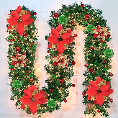 9ft Pre-Lit Christmas Garland Green Rattan With Red Flowers And LED Lights • $38.99