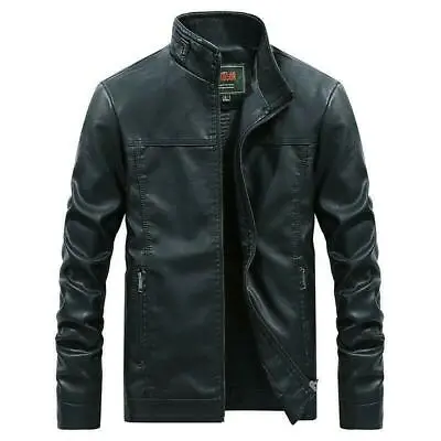 Mens Leather Jacket Stand Collar Zipper Coat Motorcycle Punk Slim Fit Biker New • $72.99