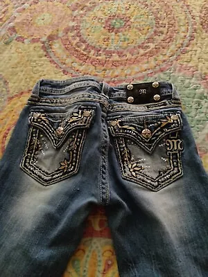 Miss Me Girls Cuffed Capri Jeans Blue Whiskered Rhinestone Pockets Denim 14 • $7