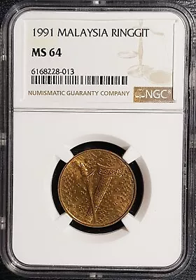 NGC MS64 1991 MALAYSIA Ringgit Proof Like Coin RARE(+FREE1 Coin) #25145 • $42