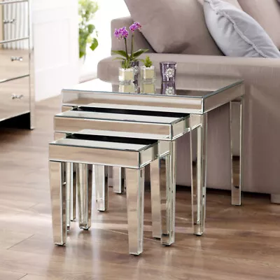 £169 • Buy Venetian Mirrored Nest Of 3 Tables - Side Coffee Rectangle Glass Nested - VEN29